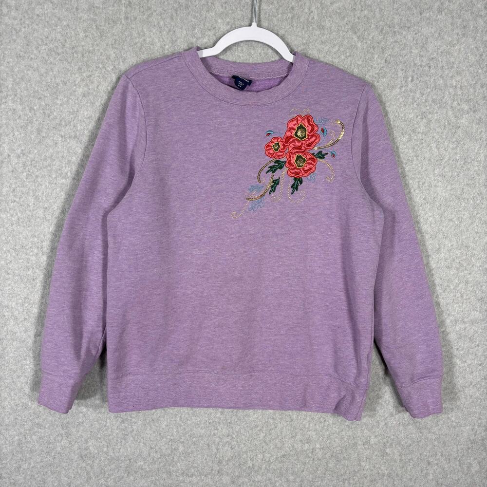 Sweatshirt Womens Medium Purple Floral Embroidered Sequin Stitch Granny‎ Roses